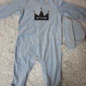 NWT FIRST IMPRESSIONS baby boy PRINCE blue velour footie stretchie w/hat 6-9 mo